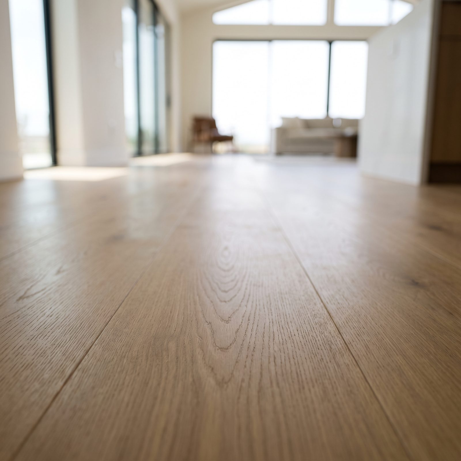 Wide-plank oak hardwood flooring in a bright, modern open-concept room