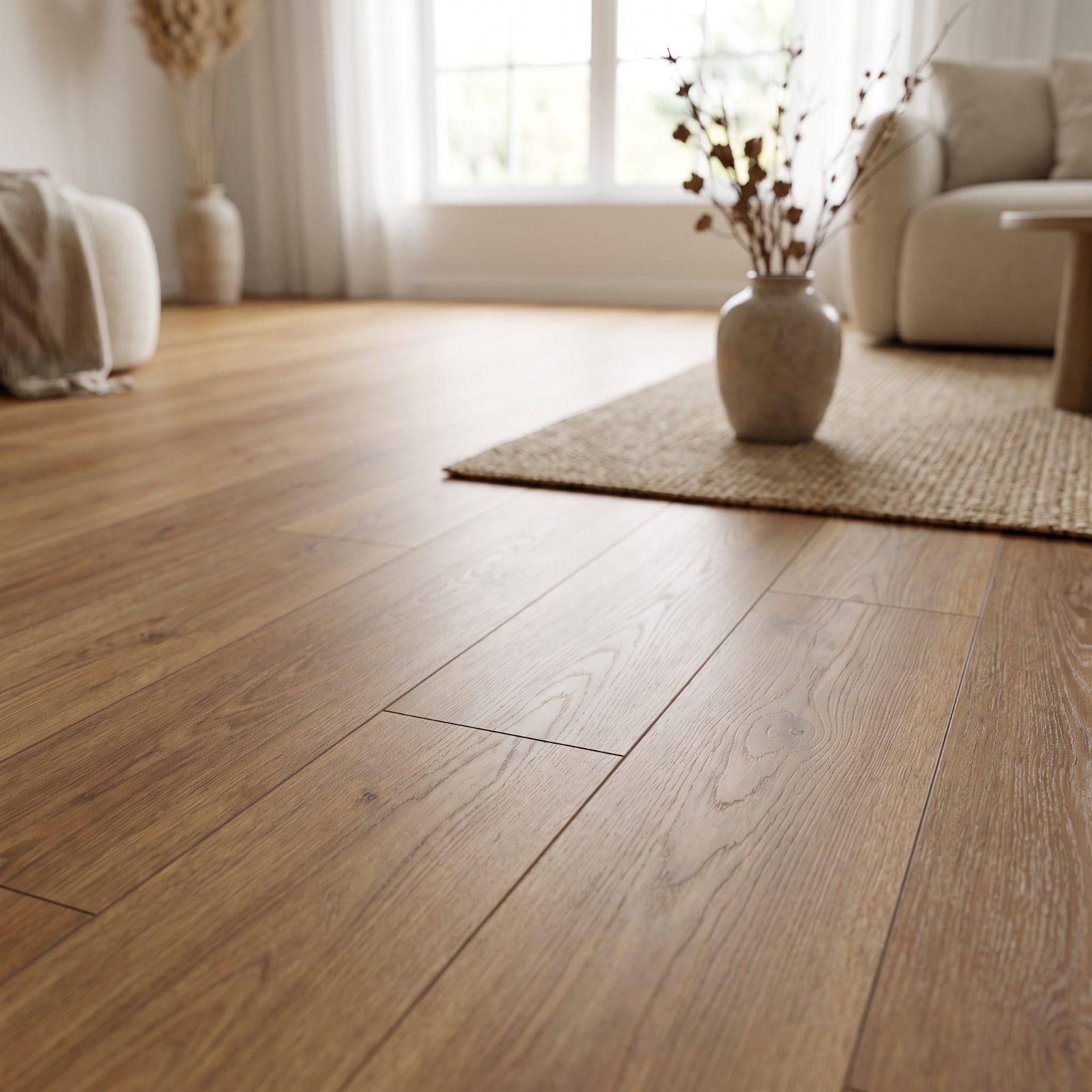 Warm oak laminate flooring in a bright, styled living room
